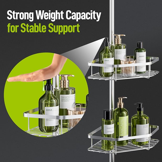 LAMU Stainless Steel Corner Shower Caddy Tension Pole,4-Tier Storage,Silver | Fits 37.8-124 in Heights, No Drilling, Strong Spring, 3 Adhesive Pads, 4 Hooks for Corner Shower Shelves, Bathroom & Bathtub