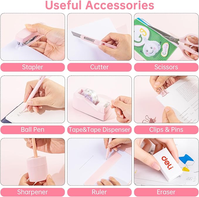 deli Office Supplies Set, Desk Accessory Organizer Kit, Pink | Stationary Set, Desk Supplies with Rotating Multi-Functional Pen Holder &Stapler Set for Office, School, Home
