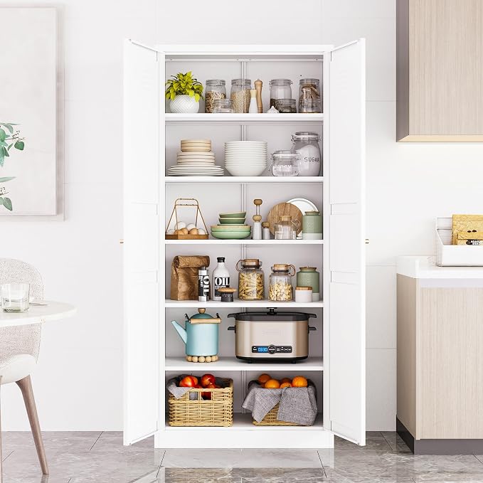 SISESOL 71" Tall Pantry Cabinet with 2 Doors and 5 Shelves,Kitchen Pantry Storage Cabinets,White Metal Storage Cabinet,Wide Deep Food Cupboard for Home,Kitchen,Dining/Living Room