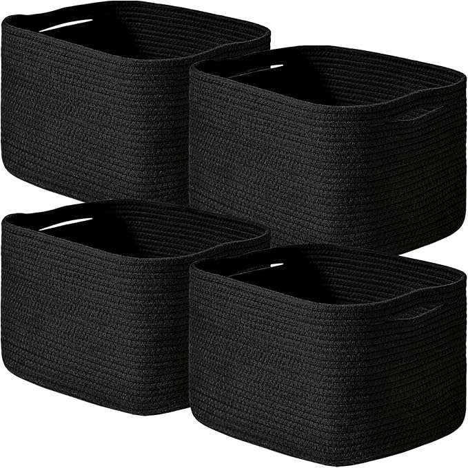 ICERZCZ Black Storage Baskets for Shelves, Small Storage Baskets for Organizing, Woven Cotton Rope Baskets for Storage, Book Basket, Decorative Shelf Basket, 12.5"Lx9.1''Wx7.9''H (4 Packs) Black
