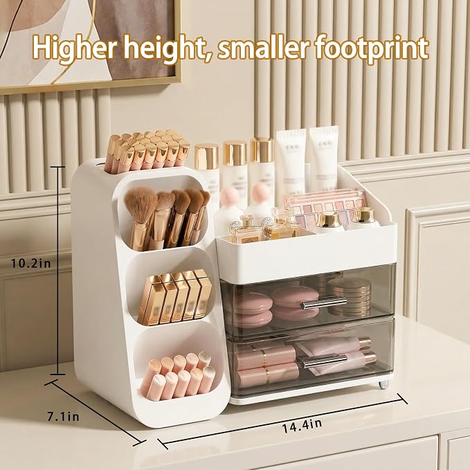 Large Capacity Makeup Organizer Countertop with Makeup Brush Holder for Vanity, Thickened Material, Bathroom Countertop Organizer Skin Care Perfumes Storage, Teen Girl Gifts for 12-23 Year（white）