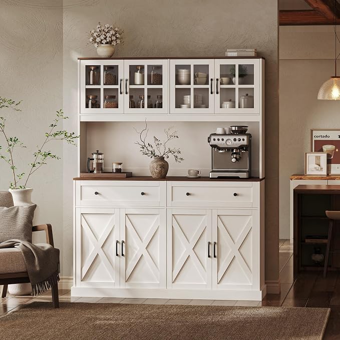 71''H x 55.1''W Pantry Cabinet with Charging Station, 4 Wide Cabinets Kitchen Pantry with 2 Drawers, Farmhouse Hutch Storage Cabinet, Tall Coffee Bar, Acrylic Door, Adjustable Shelves, White