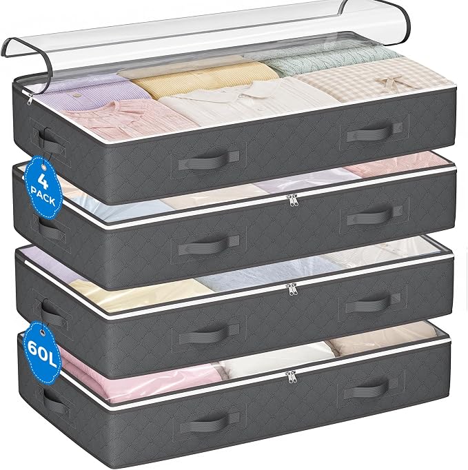 Budding Joy Under Bed Storage Containers, Storage Bins with Clear Lids | 4 Pack foldable organizers for clothes, blankets, shoes, bed sheets, comforter, wrapping paper, dorm storage