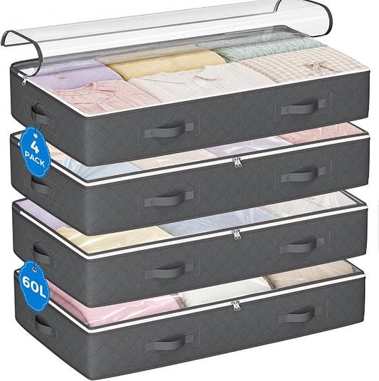 Budding Joy Under Bed Storage Containers, Storage Bins with Clear Lids | 4 Pack foldable organizers for clothes, blankets, shoes, bed sheets, comforter, wrapping paper, dorm storage