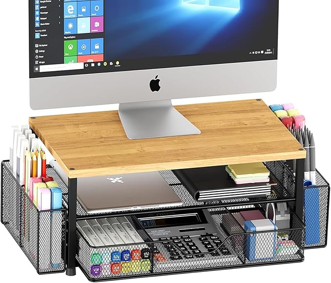 OPNICE Desk Organizers and Accessories, Computer Monitor Stand Riser with Drawer and 2 Pen Holders, Printer & Laptop Stand, Office Desk Accessories & Workspace Organizers for Home Office Supplies, Oak
