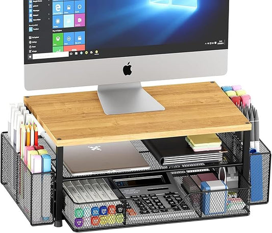 OPNICE Desk Organizers and Accessories, Computer Monitor Stand Riser with Drawer and 2 Pen Holders, Printer & Laptop Stand, Office Desk Accessories & Workspace Organizers for Home Office Supplies, Oak