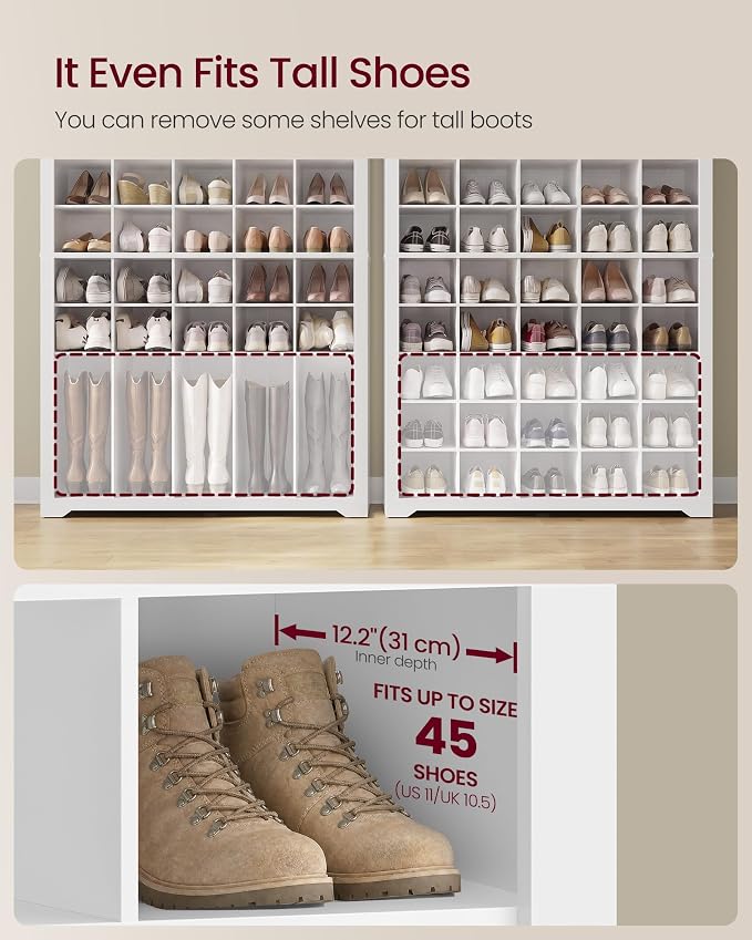 VASAGLE Tall Shoe Cabinet, Farmhouse Shoe Storage Organizer for Entryway, Vertical Wood Rack Holds 50 Pairs, 39.4 x 13.2 x 75.4 inch, Cloud White, Helan Collection ULBS275WB01S