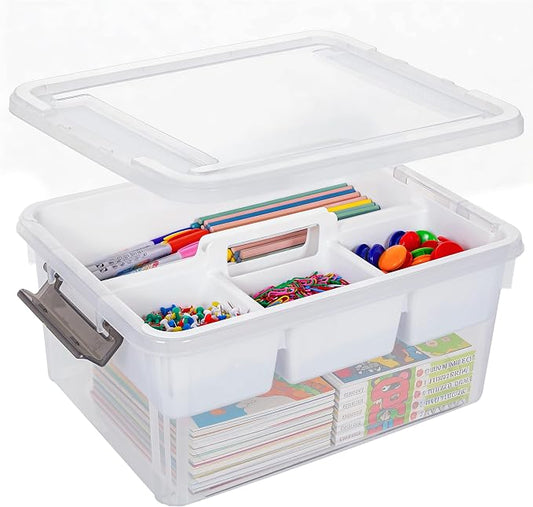 Citylife 17 QT Clear Craft Organizers and Storage Box with Handled Tray | Stackable Art Supply Organizer Storage Bins with Lids for Craft, Beads, Markers, Sewing, Tools, Playdoh, Coloring Books,
