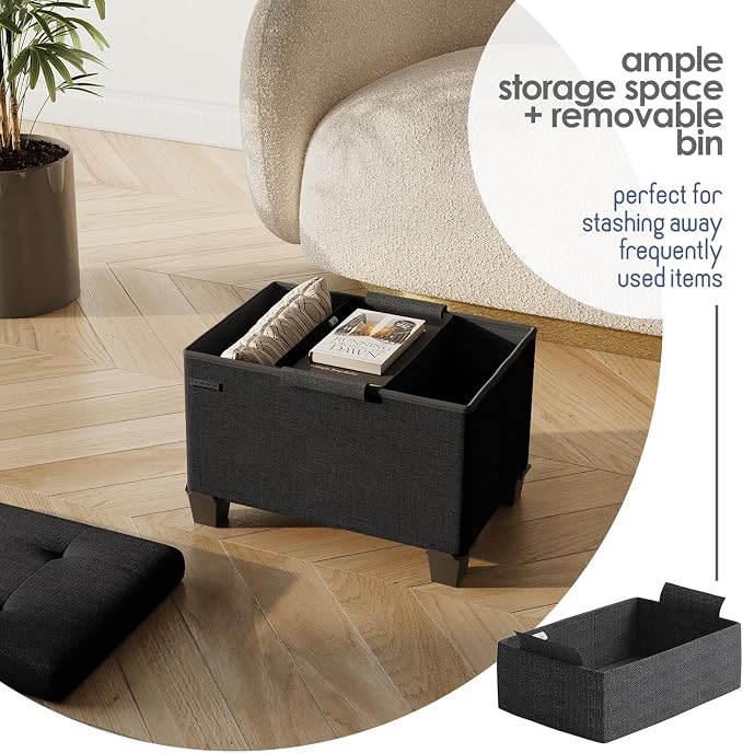 Storage Ottoman Cube with Small Bin, 16-in Square Ottoman with Storage for Living Room and Bedroom, Small Ottomans Foot Rest, Fabric Foot Stools Ottomans Max 330lbs, Black