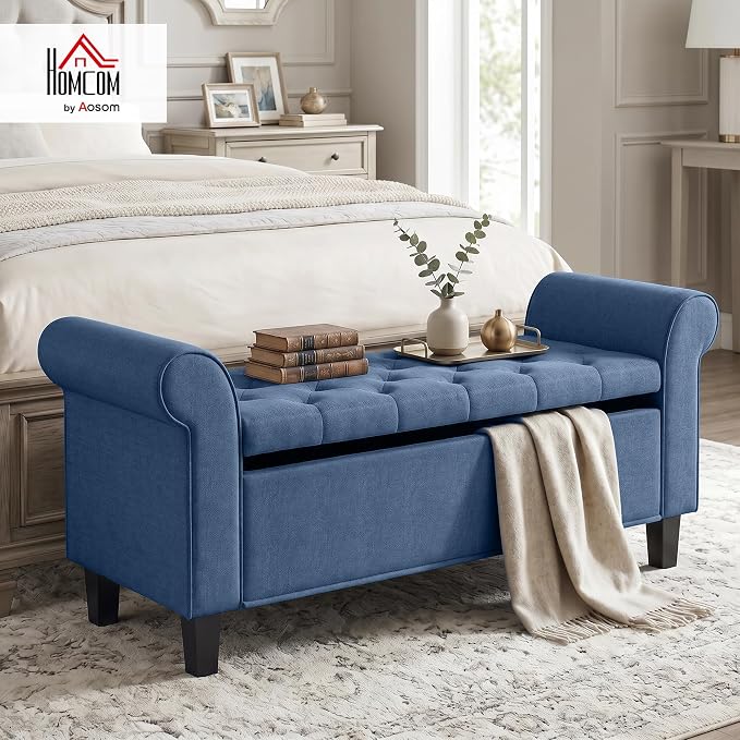 HOMCOM 47" Ottoman wih Storage End of Bed Bench with Rolled Arms Blue | Long Ottoman with Storage Chest, Safety Hinge, Wooden Legs, Upholstered End of Bed Bench, Bedroom Entryway Living Room