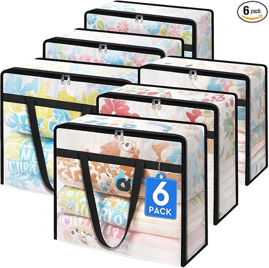 BlissTotes 6 Pack Clear Clothes Storage Bags, Moving Bags, Foldable Blanket Storage Under Bed Storage Containers with Sturdy Zipper and Handle for Clothing, Comforter, Bedding, Sheet (60L)