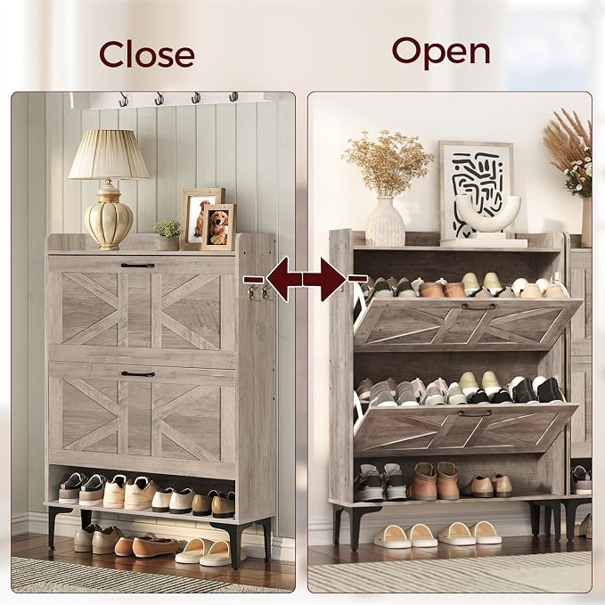 MAHANCRIS Shoe Storage Cabinet, Shoe Organizer with 2 Flip Drawers, Hidden Shoe Storage for Entryway, Freestanding Shoe Cabinet Organizer with Open Storages, Greige SHHG9401