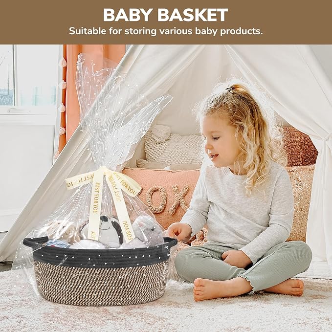 CHICVITA Large Wicker Basket with Bags & Ribbon for Gifts, Black & Jute | 13.6"x 10" x 6" Gift Basket Empty to Fill for Toys Snacks, Rope Baskets for Storage, Cute Basket for Dogs Cats