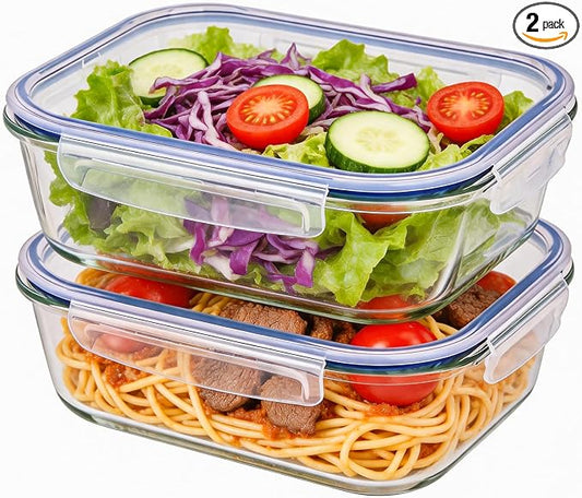 Liuruiyu 2 Pack 2260ml/76.4oz Glass Food Storage Containers with Lids, Meal Prep Containers, Airtight Bento Boxes with Leak Proof Locking for Microwave, Oven, Freezer and Dishwasher, BPA Free