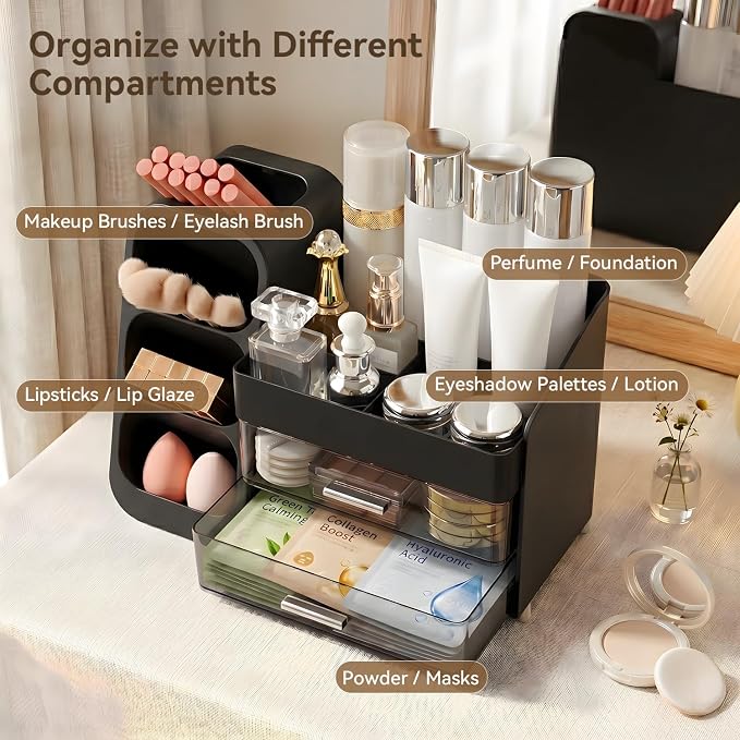Makeup Organizer for Vanity with Brush Holder and 2 Drawers, Black | Large-Capacity Makeup Holder Organizes Skincare, Cosmetics and Daily Beauty Products for Tidy Vanity and Bathroom Counters