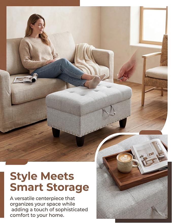 Ottoman with Storage, 28.5 inch Liner Storage Ottoman with Padded Seat, Large Entryway Bench with Solid Wood Frame, Upholstered Sturdy Foot Rest for Living Room, Bedroom, Entryway, Gray White