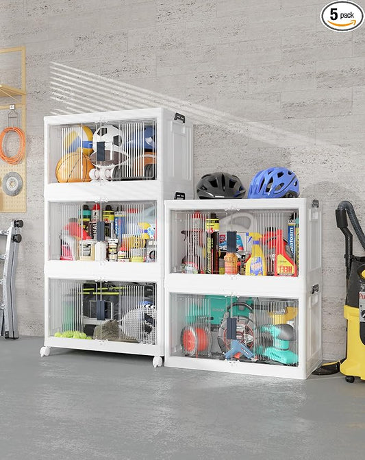 OlarHike 97QT Storage Bins with Lids for Closet, Garage, Shelves, 5 Pack | Multi-Lid, Lockable, Large Capacity, Doors & Wheels, Foldable Containers, Stackable Organizer, Plastic Drawers, School, Dorm
