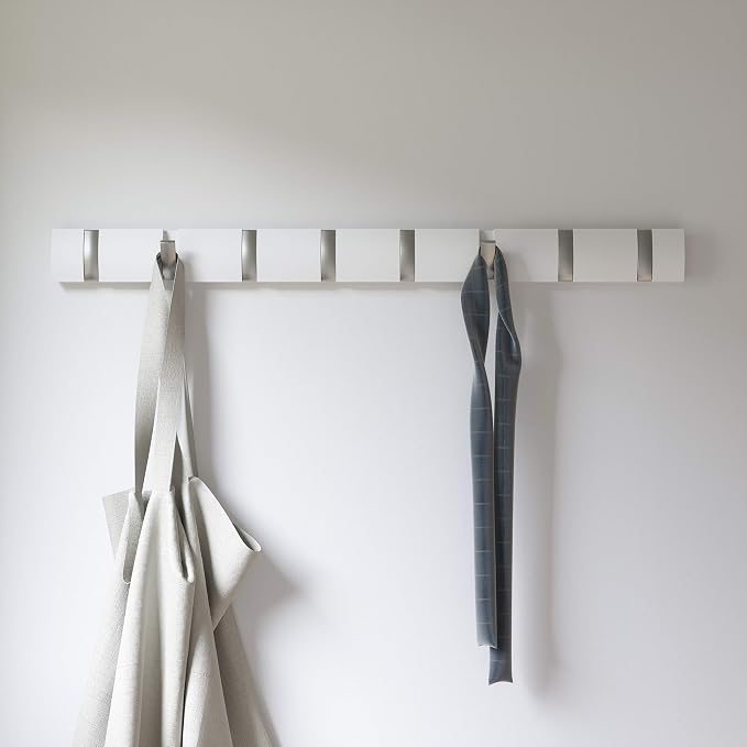Umbra Flip Coat Rack, Wall Mount 8-Hook, Space Saving, White | Real wood and steel build, retractable hooks fold flat, holds coats bags and scarves, easy install