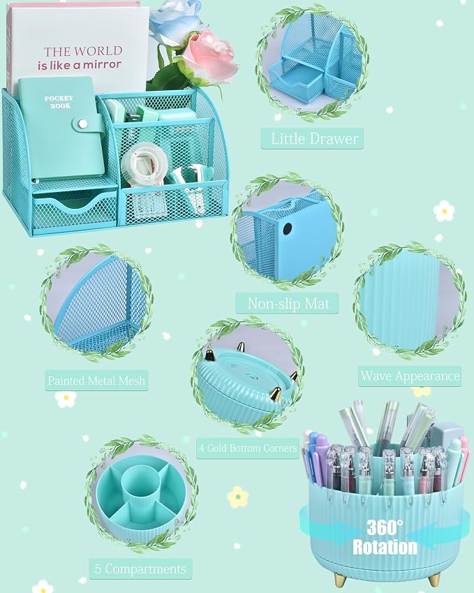 LXEVIHK 21Pcs Green and Blue Desk Organizers and Accessories With Mesh Desk Organizer and 360°Rotating Pen Holder and a Lot of Office Green Office Supplies Beautifully Presented in a Gift Box