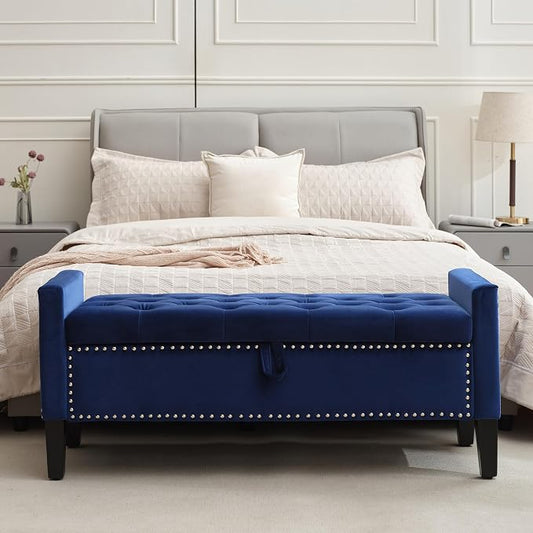 Velvet Storage Ottoman Bench, 46'' Upholstered Button Tufted End of Bed Bench, Modern Entryway Ottoman Bench with Arms, Blue