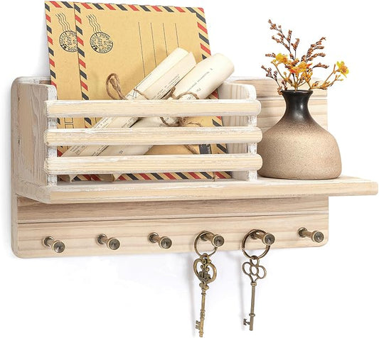 Rebee Vision Key Holder Wall Mount with Mail Slot for Room, Natural Wood | Key Holder for Wall, 8 Key Hooks for Hats, Floating Shelf, Mail Sorter, Plant Display, key Hanger Apartment Rustic Aesthetic
