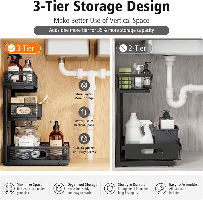 Under Sink Organizer, 3 Tier Pull Out Cabinet Organizer with 5 Adjustable Heights, Metal Under Sink Storage with Sliding Drawers for Kitchen, Bathroom, Pantry and Laundry Room, 2-Pack Black