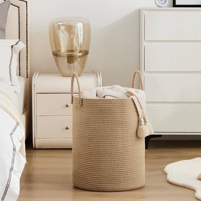 YOUDENOVA Jute Rope Laundry Hamper Basket, 58L Blanket Basket for Nursery | Large Woven Laundry Hamper with Sturdy Handles, Collapsible Home Decor Laundry Basket for Laundry, Clothes, Toys in Bedroom