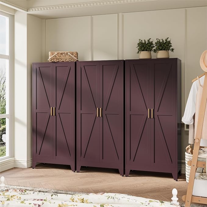 COFaR Metal Pantry Cabinet, Kitchen Storage Cabinets with 2 Barn Door, 3 Adjustable Shelves and Legs, for Cupboard/Dining Room/Bathroom/Living Room/Office/Laundry Room (Red, 61" Farmhouse)