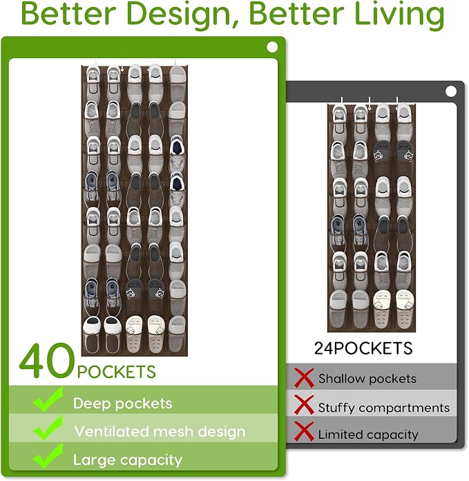 Over the Door Shoe Organizer with 40 Large Breathable Mesh Pockets, Space Saving Shoe Holder, Hanging Shoe Rack for Entryway Bedroom Closet Storage (Brown, 40 Pockets)