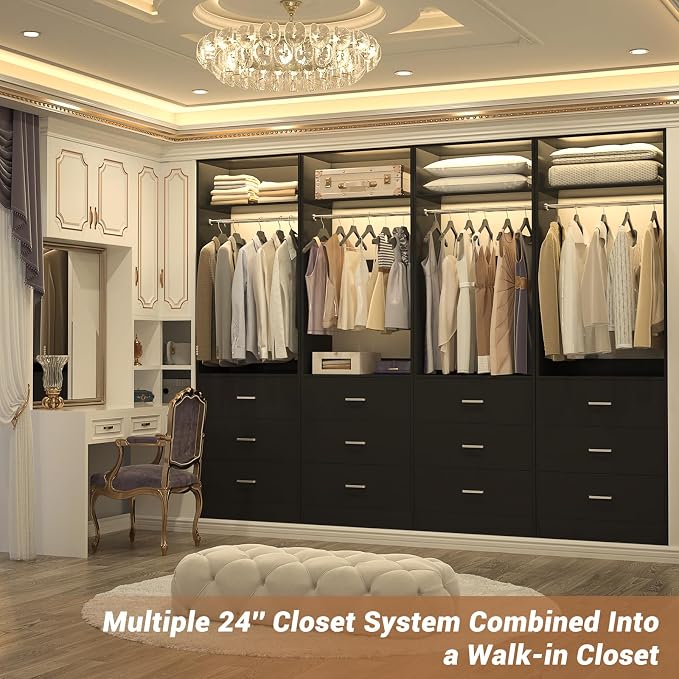 Besiost Closet System Set of 2, 4FT Closet Systems with 6 Wood Drawers, 48" Closet Organizer System with 2 Hanging Rods & 2 Shelves, Heavy Duty 48 Inch Walk-in Closet, Black (48"L x 15" W x 80" H)