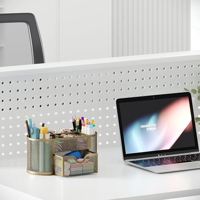 EasyPAG Mesh Pen Holder Desk Organizer with Drawer Stationery Supplies Organizer for Dorm School 9 Compartments Workspace Desk Accessories Organization for Office, Gold