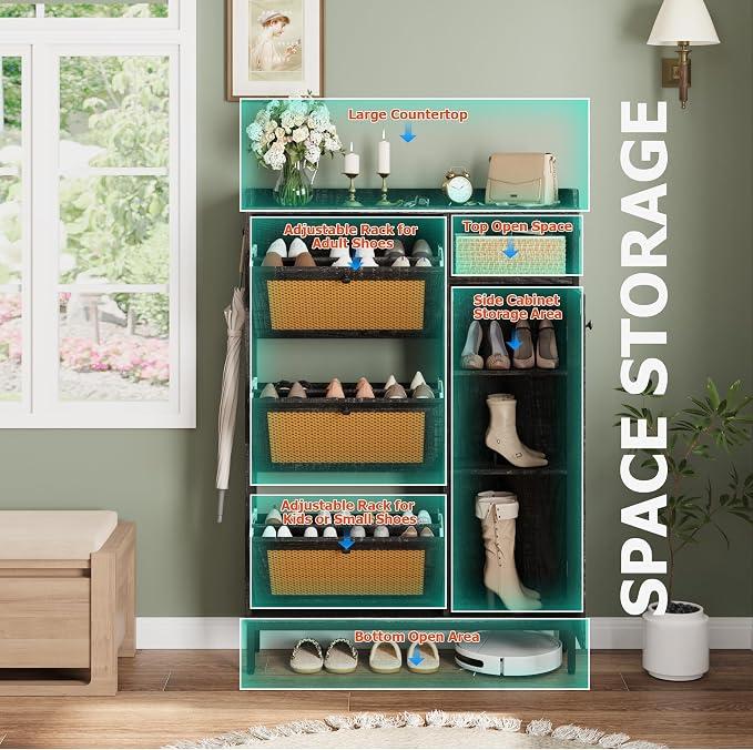 Garvee Shoe Cabinet with 3 Flip Drawers, Freestanding Shoe Organizer with 4-Tier Shoe Storage Cabinet and Adjustable Shelf & Rattan Doors,Narrow Shoe Rack Cabinet for Entryway, Closet, Hallway