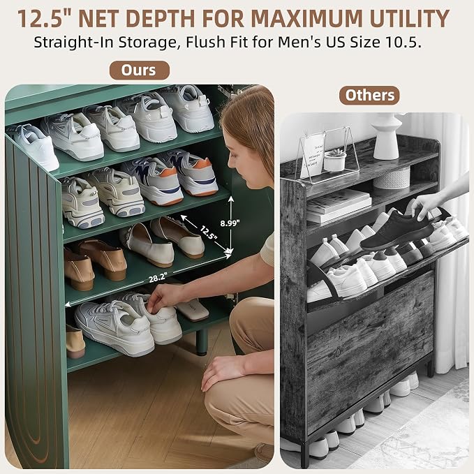 47" Large Shoe Cabinet for Entryway, Shoe Storage Cabinet with Adjustable Shelves, Mid-Century Modern Wooden Shoe Organizer with 3 Arched Doors, Extra Deep Shoe Rack for Sneakers & Boots (Green)
