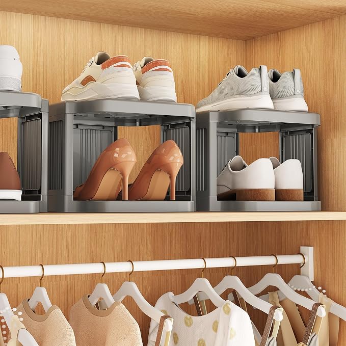 Kitstorack 5-Tier Vertical Plastic Shoe Rack, Freestanding Stackable Shoe Storage Organizer Cubes Shoe Shelf Tower or Small Closets and Tight Spaces, Gray