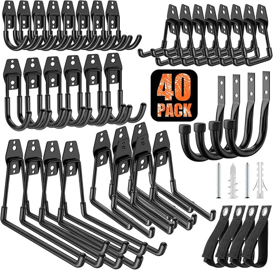 MKRUI 40-Pack Garage Hooks for Storage & Hanging Items, Save Space | Hangs Bikes, Ladders, Ropes, Hoses, Tools; for Garage, Warehouse, Shop, Shed, Yard