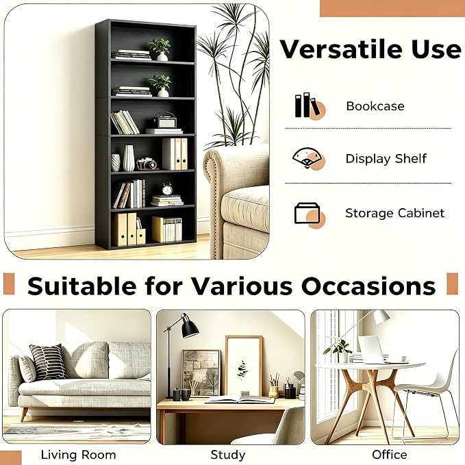HealSmart 6 Tier Bookcase, Industrial 6 Book Shelf, 9.2" D x 23.8" W x 63" H Tall Open Cube Storage Organizer for Home Office, Living Room, Bedroom and Dinning Room, Black