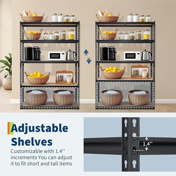 Storage Shelving Unit, 5-Tier Adjustable Metal Storage Shelves, 48" L x 24" W x 72" H Heavy Duty Garage Storage Shelves for Kitchen Pantry Basement Bathroom Laundry