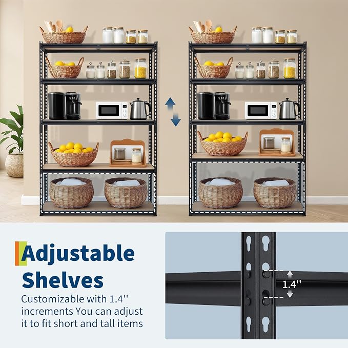 Storage Shelving Unit, 5-Tier Adjustable Metal Storage Shelves, 48" L x 18" W x 72" H Heavy Duty Garage Storage Shelves for Kitchen Pantry Basement Bathroom Laundry