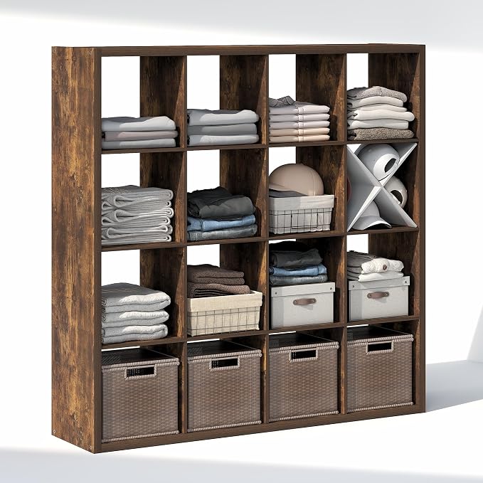 Furinno Cubic Extra Thick 16-Cube Closet Organizers and Storage, Amber Pine | 14.6 x 58 x 58 in, Open Shelf Closet Storage, Closet Organizer, for Wardrobe, Bedroom, Living Room