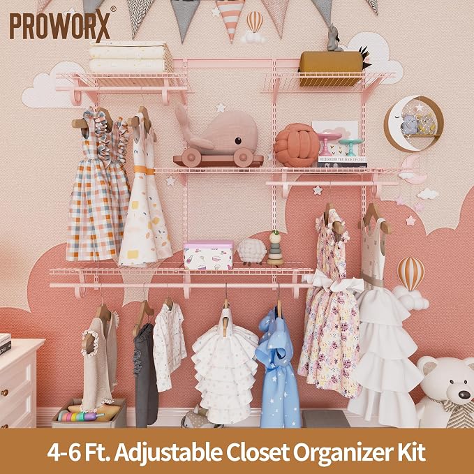 PROWORX 4-6 Ft. Pink Custom Insert Wire Closet Organizer System Kit | Adjustable Wall Mounted Metal Wire Closet Shelving System, Closet Shelves with Hanging Rods for Pantry Laundry Mudroom