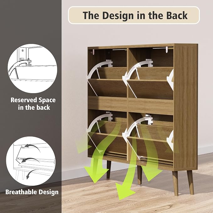 KIGOTY Narrow Shoe Storage Cabinet, Shoe Cabinet with 4 Flip Drawers, Freestanding Shoe Organizer with Legs for Entryway, Slim Shoe Rack Cabinet for Enterway (Light Brown, 4 Flip Drawer)
