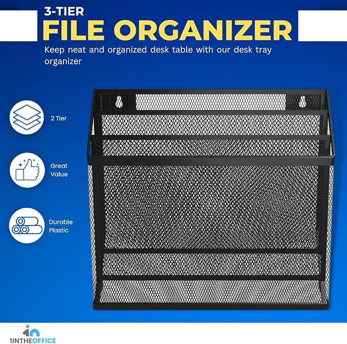 1InTheOffice 3 Tiers File Folder Organizer, Desk Sorter, Black Mesh