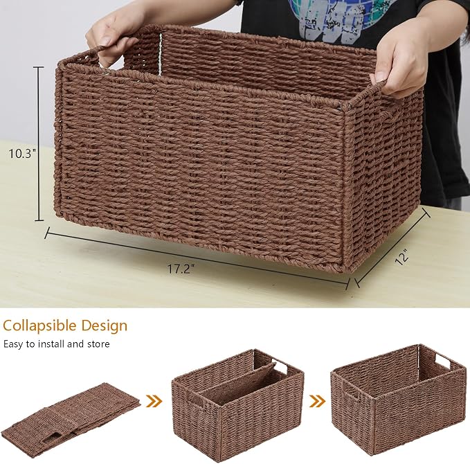 Vagusicc Wicker Storage Basket, Set of 2 Hand-Woven Paper Rope Wicker Basket, Small Storage Baskets for Organizing Toilet Paper Basket, Foldable Large Cube Storage Organizer Bins for Shelves (Brown)