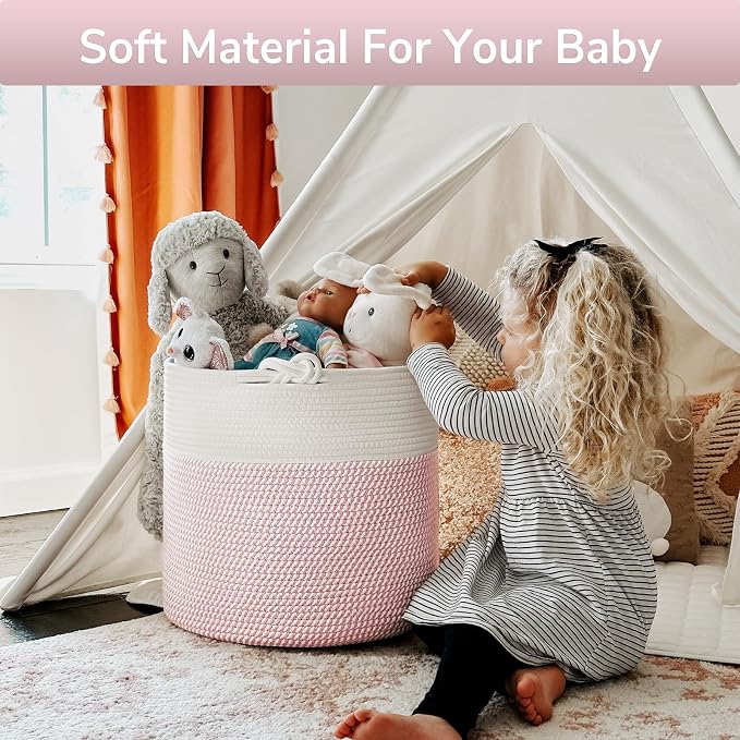 Goodpick Woven Rope Blanket Basket Living Room, 40L, Pink | Small Laundry Basket for Organizing Baby Clothes, Blankets & Pillows, Great for Bedroom Nursery Home Décor, Pink