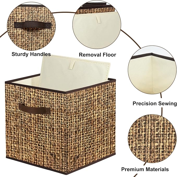 12x12 Cube Storage Bins - Fabric Cubby Bins with Dual Handles, Collapsible Storage Organizer for Shelf, Closet, Nursery, Set of 6 （PRINTING instead of Rattan Weaving）