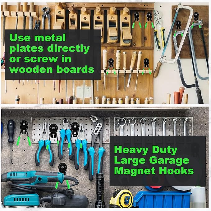Landhoow 14 Pcs Large Magnetic Hooks Heavy Duty Garage Magnet Hooks Strong Storage Utility Magnetic Hangers with Anti Slip Rubber Coating for Indoor and Outdoor Hanging (Green)