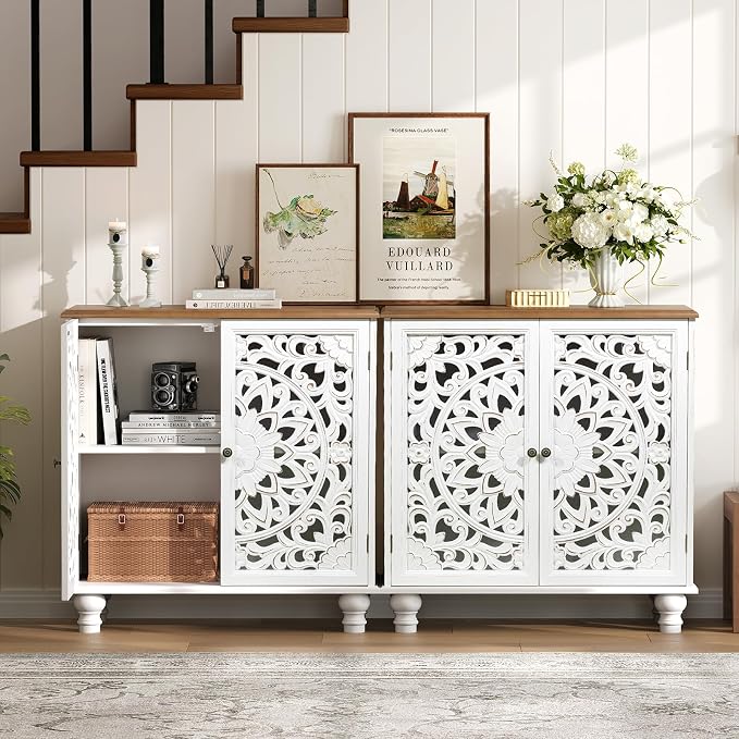 JOINICE 31" Accent Storage Cabinet with Carved Doors,Mandala White | Carved Floral Design, Solid Wood Legs, Boho/Farmhouse, Versatile Storage for Living Room & Bedroom & Hallway, Easy Assembly