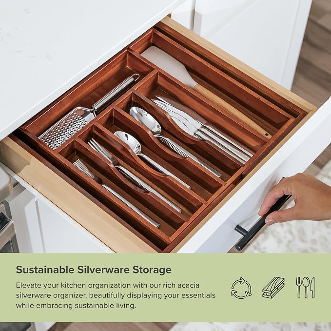 KitchenEdge Silverware & Utensil Drawer Organizer, 14.5-25 in, Acacia | Cutlery, flatware, food-safe contract grade, kitchen drawer fit