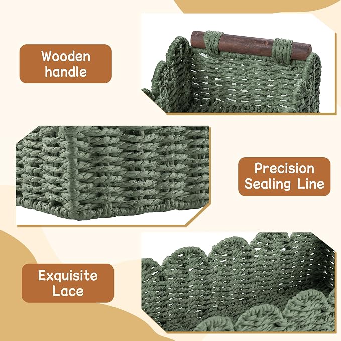 Bathroom Decor Basket for Toilet Paper Storage Baskets For Organizing | For Bedroom Living Room Kitchen Home Decor Scalloped Cute Basekt With Handle for Apartment Countertop,Green