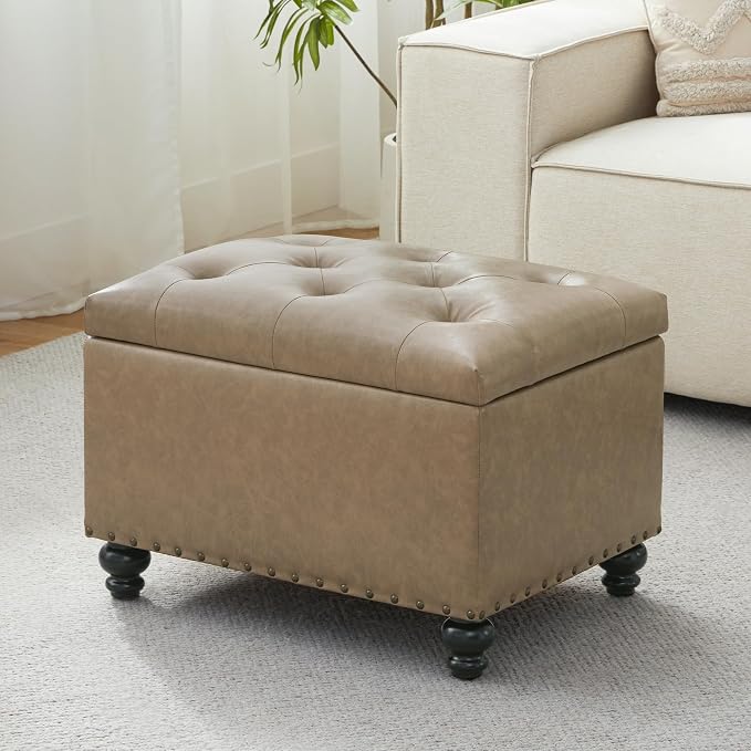 Zihanhome Leather Ottoman with Storage, Upholstered Button Tufted Ottoman Foot Rest, Foot Stools, 24" Rectangle Ottomans with Storage for Living Room, Bedroom, Dorms and Apartments (Taupe Brown-PU)